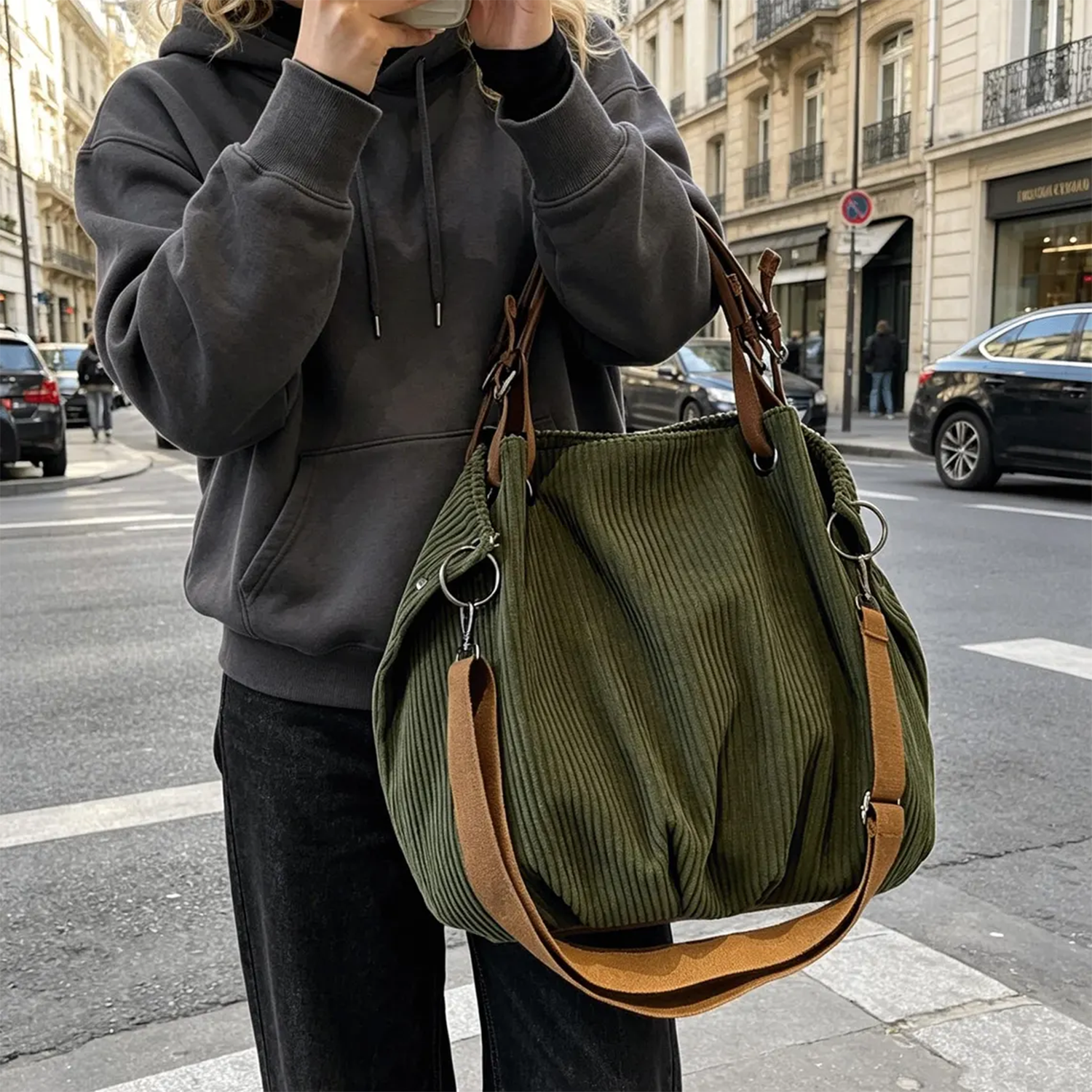 Forest Green Vertical Ribbed Oversized Slouch Tote With Trimmed Short Hand Grips, Metal Ring Fittings And Wide Adjustable Woven Shoulder Strap