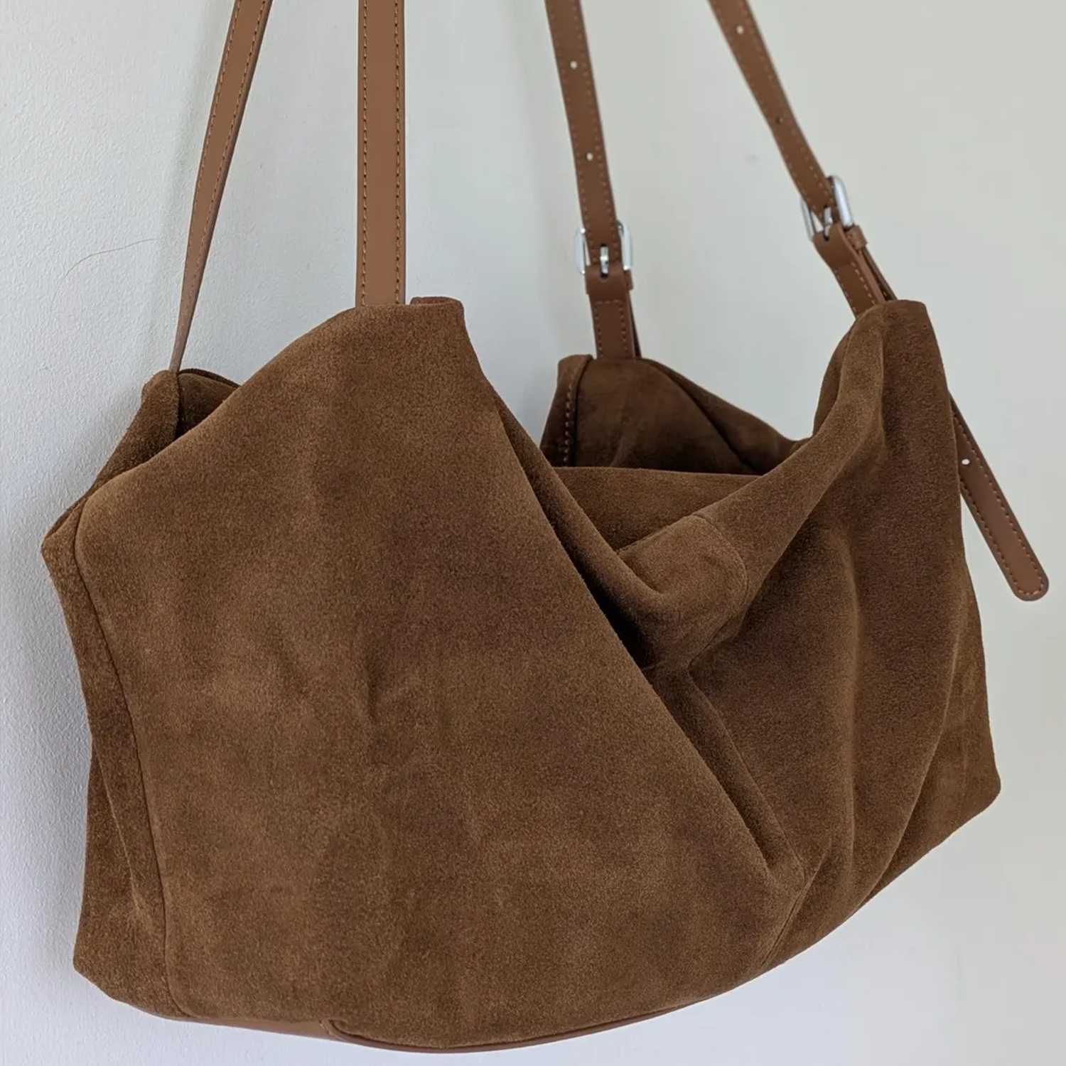 Chestnut Brown Soft Fuzzy Asymmetrical Slouch Tote With Stitched Slim Hanging Straps And Inner Slide Fastener Compartment