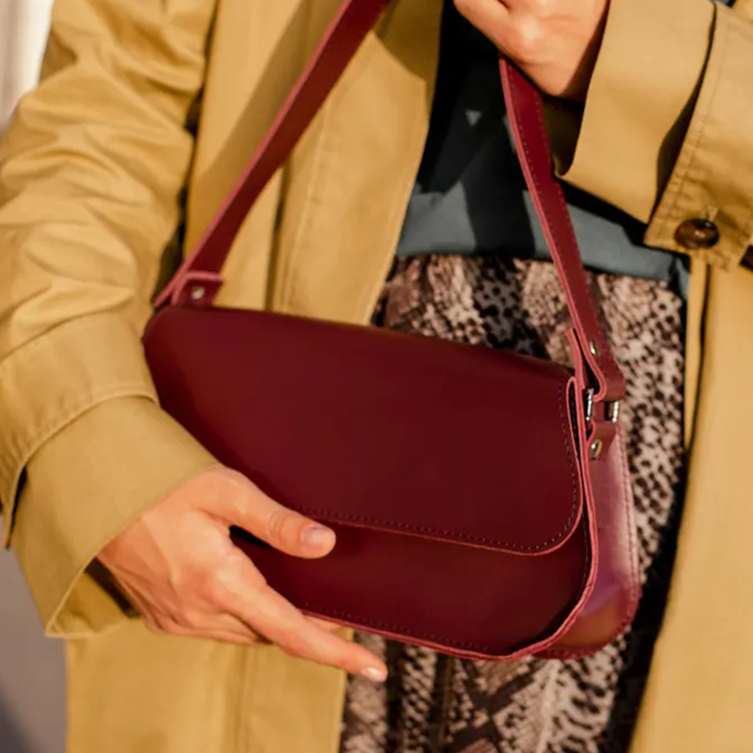 Deep Burgundy Slim Elongated Rectangular Shoulder Pouch With Wide Stitched Overlay Flap And Single Matching Shoulder Hanging Strap