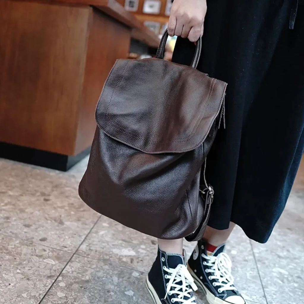 Soft Rectangular Large Backpack With Overlapping Front Flap, Curved Top Hand Loop And Vertical Side Zip Pocket