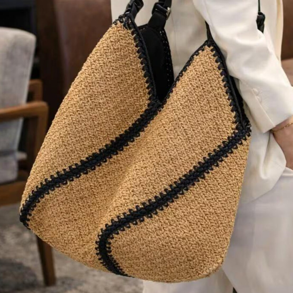 Natural Herringbone Woven V-Shape Oversized Tote With Diagonal Black Contrast Stripe Trim And Knotted Black Shoulder Carry Straps