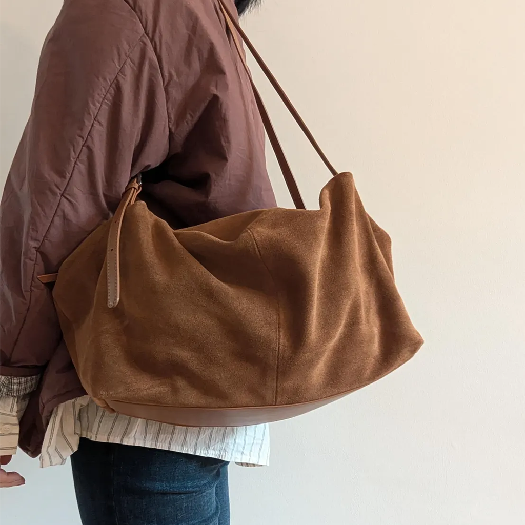 Chestnut Brown Soft Fuzzy Asymmetrical Slouch Tote With Stitched Slim Hanging Straps And Inner Slide Fastener Compartment