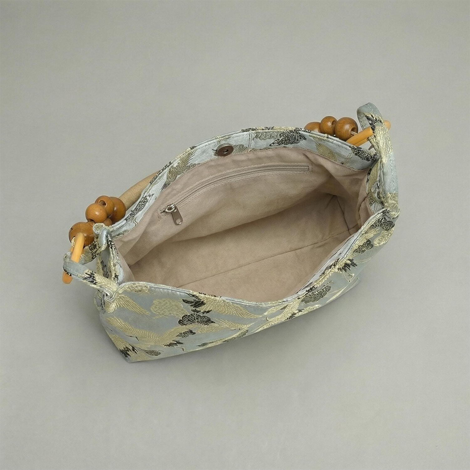 Multi-Tone Crane Embossed Curved Hobo Pouch With Wooden Bead Carry Frame, Jade Accent Tassel And Inner Zipper Divided Pocket