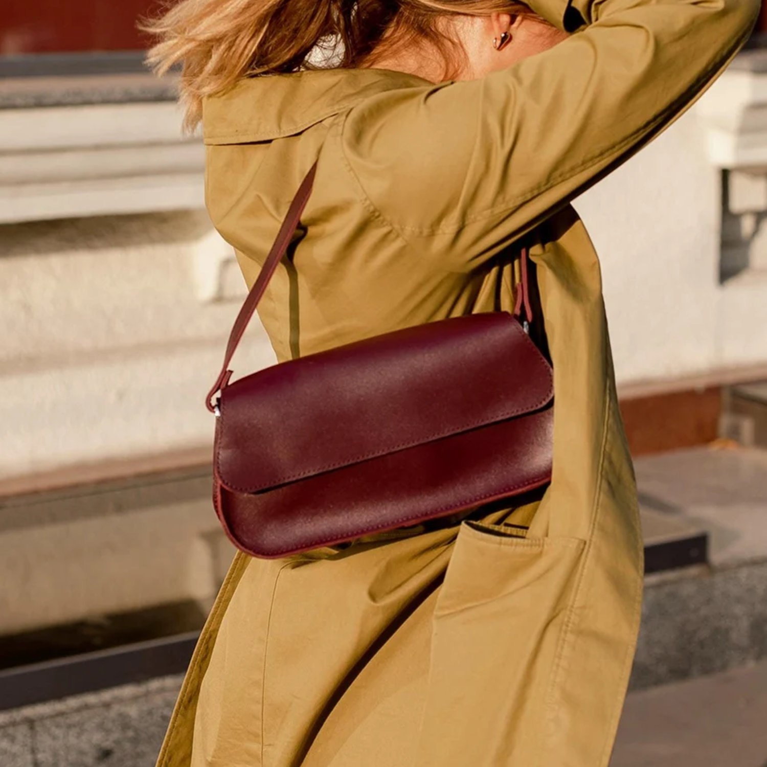Deep Burgundy Slim Elongated Rectangular Shoulder Pouch With Wide Stitched Overlay Flap And Single Matching Shoulder Hanging Strap