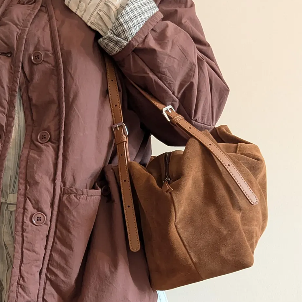 Chestnut Brown Soft Fuzzy Asymmetrical Slouch Tote With Stitched Slim Hanging Straps And Inner Slide Fastener Compartment