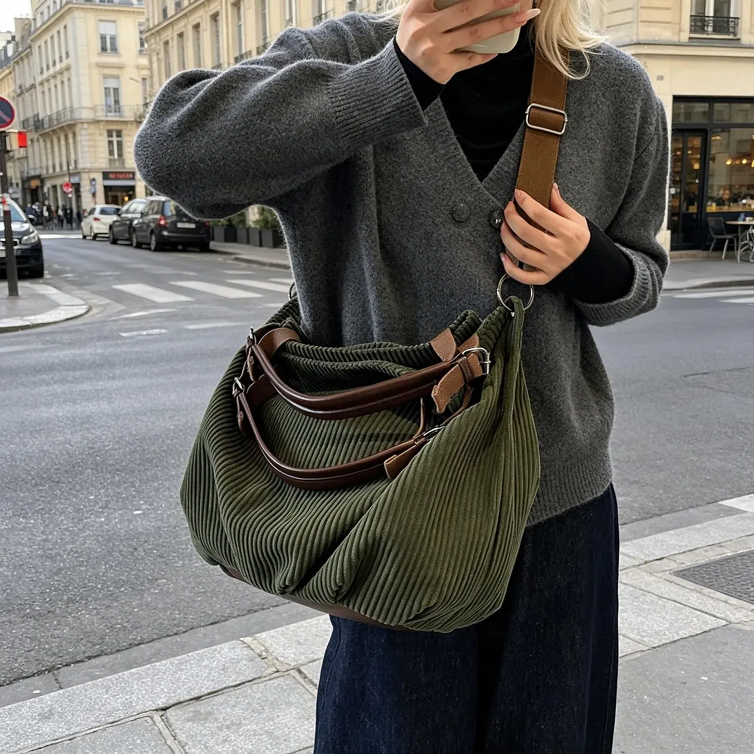 Forest Green Vertical Ribbed Oversized Slouch Tote With Trimmed Short Hand Grips, Metal Ring Fittings And Wide Adjustable Woven Shoulder Strap