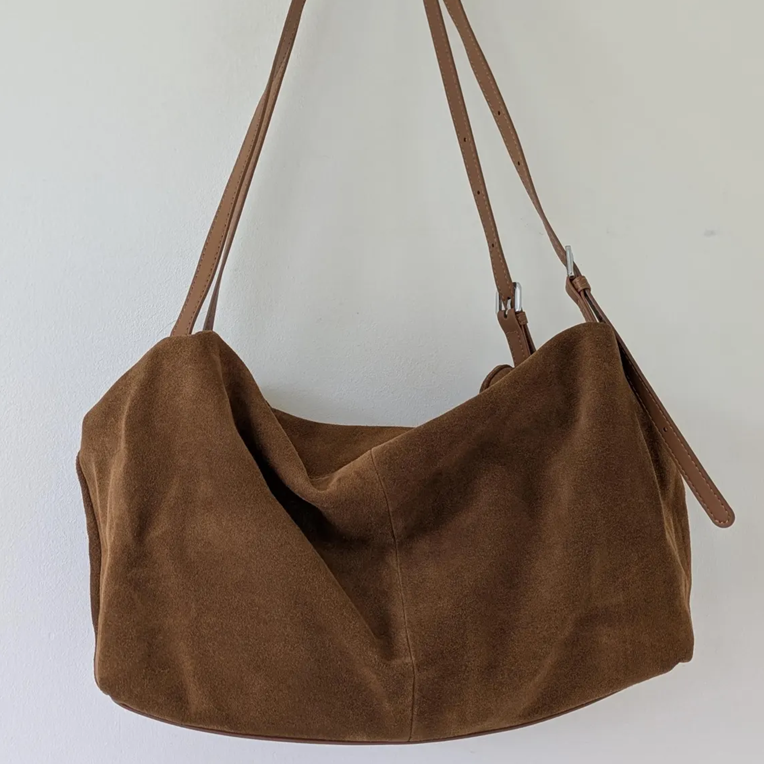 Chestnut Brown Soft Fuzzy Asymmetrical Slouch Tote With Stitched Slim Hanging Straps And Inner Slide Fastener Compartment