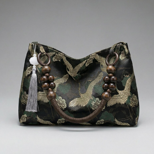 Multi-Tone Crane Embossed Curved Hobo Pouch With Wooden Bead Carry Frame, Jade Accent Tassel And Inner Zipper Divided Pocket