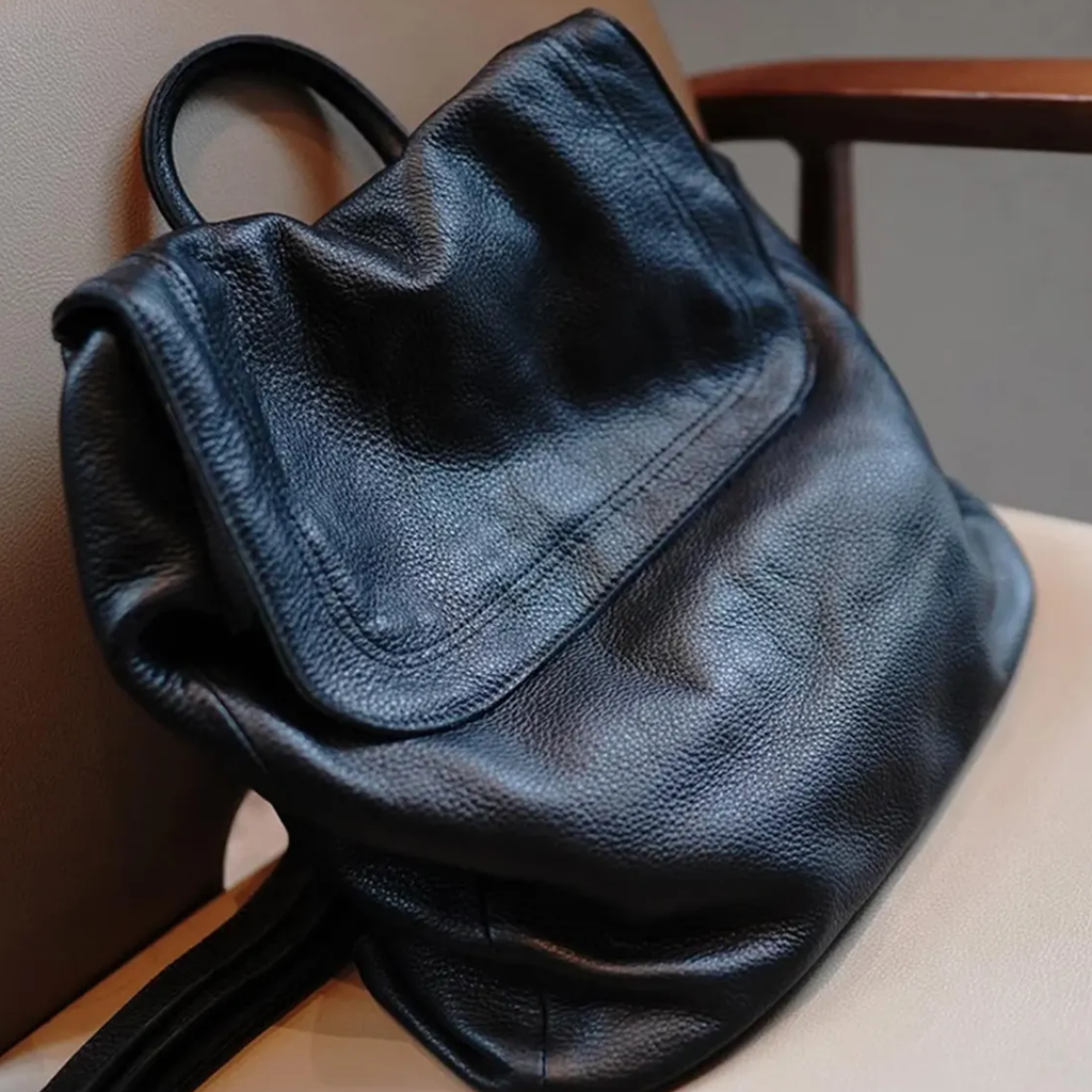 Soft Rectangular Large Backpack With Overlapping Front Flap, Curved Top Hand Loop And Vertical Side Zip Pocket