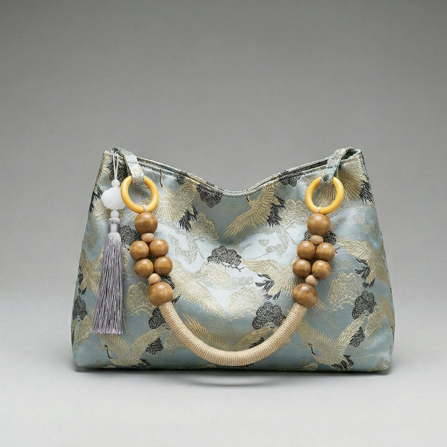 Multi-Tone Crane Embossed Curved Hobo Pouch With Wooden Bead Carry Frame, Jade Accent Tassel And Inner Zipper Divided Pocket