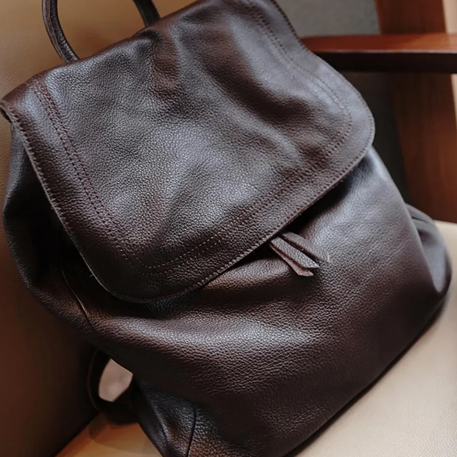 Soft Rectangular Large Backpack With Overlapping Front Flap, Curved Top Hand Loop And Vertical Side Zip Pocket