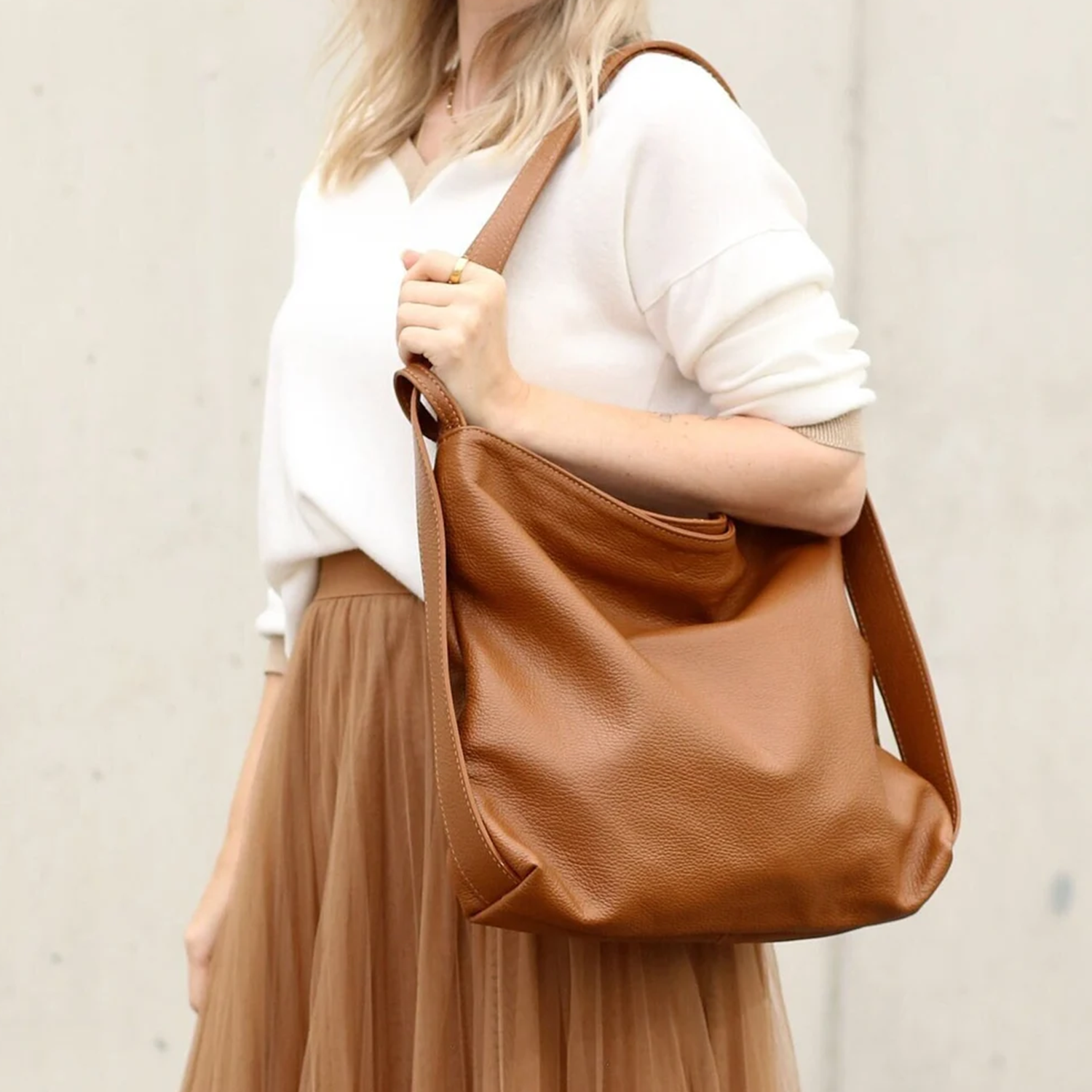 Pebbled Oversized Slouch Bucket Carryall With Dual Shoulder Straps, Top Zip Closure And Inner Divided Zipper Pocket