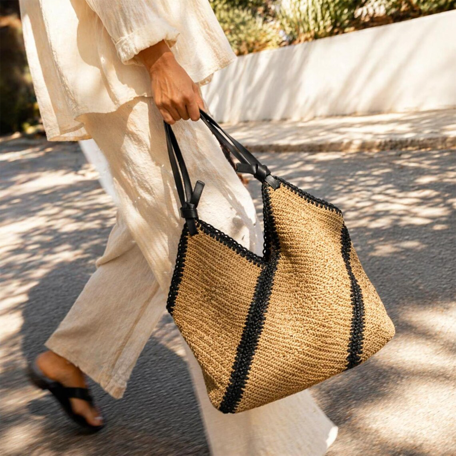 Natural Herringbone Woven V-Shape Oversized Tote With Diagonal Black Contrast Stripe Trim And Knotted Black Shoulder Carry Straps