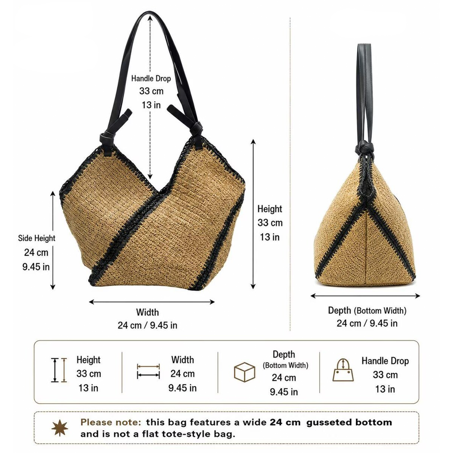 Natural Herringbone Woven V-Shape Oversized Tote With Diagonal Black Contrast Stripe Trim And Knotted Black Shoulder Carry Straps