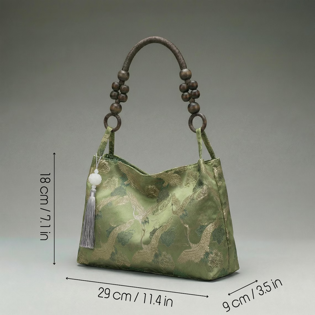 Multi-Tone Crane Embossed Curved Hobo Pouch With Wooden Bead Carry Frame, Jade Accent Tassel And Inner Zipper Divided Pocket
